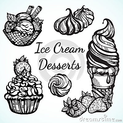 Hand-drawn beautifully Ice Cream desserts collection. Vector graphic icons, vintage food outline elements isolated. Perfect menu t Vector Illustration