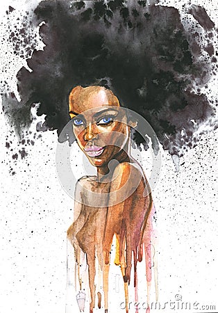 Hand drawn beauty african woman with splashes. Watercolor abstract portrait of girl Cartoon Illustration