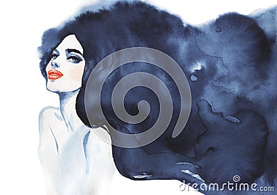 Hand drawn beauty brunette woman. Watercolor abstract portrait of girl Cartoon Illustration