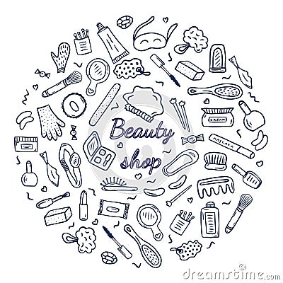 Beauty cosmetics and make up doodle icons in a circle. Hand drawn vector fashion sketch items for shop. Lipstick Vector Illustration