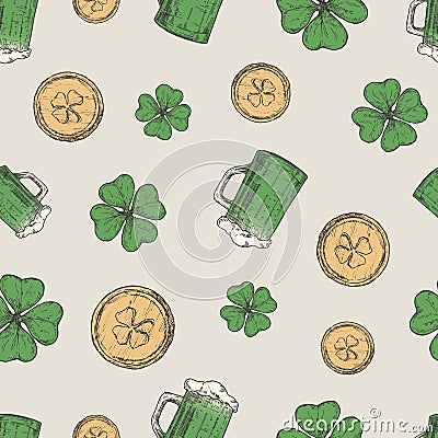 Hand Drawn Beer Mug, Leprechaun Golden Coins and Green Lucky Shamrock Vector Seamless Background Pattern. Saint Patrick Vector Illustration