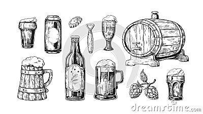 Hand drawn beer. Vintage wooden and glass pub mugs with bear and alcoholic beverages with bubble foam. Vector set Vector Illustration