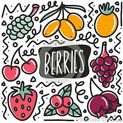 hand drawn berries fruit doodle set Vector Illustration
