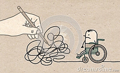 Big Drawing Hand with Cartoon Disabled Man - Tangled Path Stock Photo