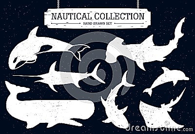 Hand drawn big fish icons set. Vector Illustration