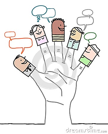 Big hand with cartoon characters - Mixed ethnicity social network Vector Illustration