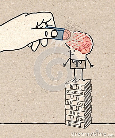 Big hand, Erasing the Brain of a Cartoon Erudite man Stock Photo