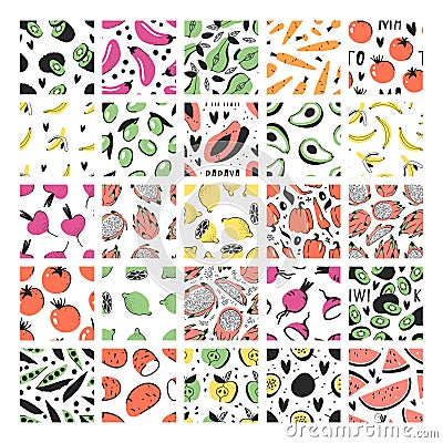 Hand drawn Big set of seamless patterns with vegetables and fruits. Vector artistic drawing food. Vegan illustration meal Cartoon Illustration