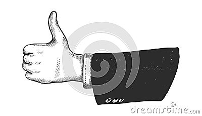 Hand drawn hand big thumb, gesture of man in black jacket. Isolated on white background. Icon illustration Cartoon Illustration