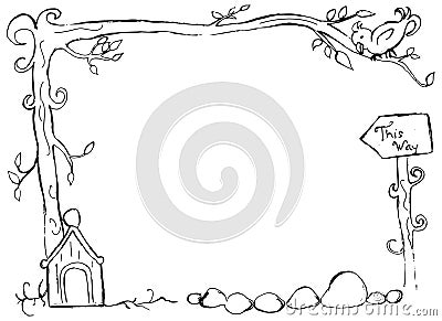 Hand drawn bird on a branch with birdhouse frame Stock Photo