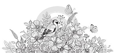 Hand Drawn Bird, Flowers and Butterflies Vector Illustration