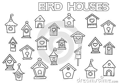 Hand drawn bird houses set. Coloring book page template. Vector Illustration