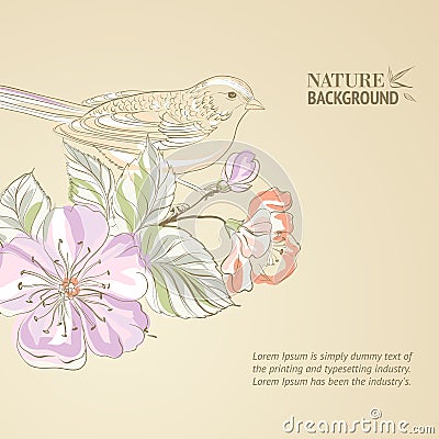 Hand drawn bird on sacura branch. Vector Illustration