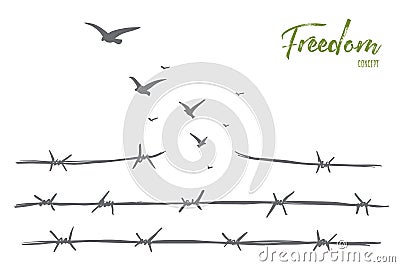 Hand drawn birds flying over broken barbed wire Vector Illustration