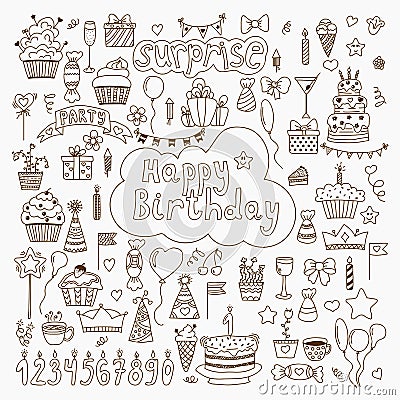 Hand drawn Birthday elements. Set of vector birthday party elements Vector Illustration