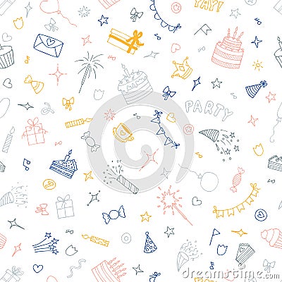 Hand drawn Birthday seamless pattern. Cute doodle party background. Happy Birthday print Vector Illustration