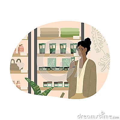 Black girl reading ingredients of organic bodycare product in cosmetics store Vector Illustration