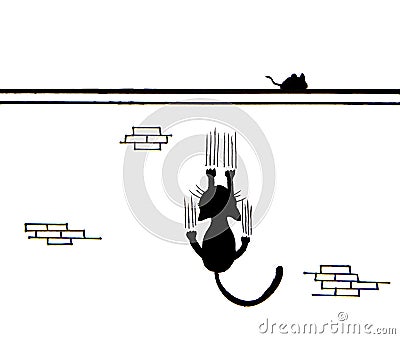 Hand drawn of Black cat scratching wall and a mouse on wall Stock Photo