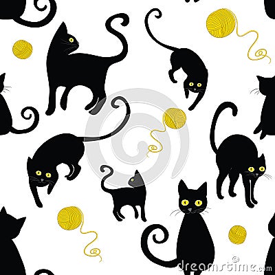 Black cats silhouettes seamless pattern. Vector illustration of cats with wool cloths on white background Vector Illustration