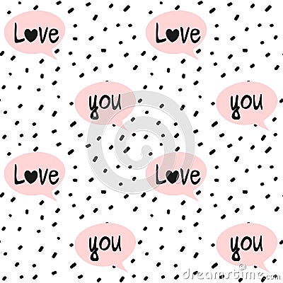 Hand drawn black confetti on white background simple abstract seamless vector pattern illustration with pink speech bubbles and lo Vector Illustration