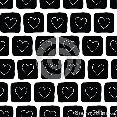 Hand drawn black doodle squares with white hearts. Vector seamless pattern. Perfect for Valentines day, backgrounds, fabric, and Vector Illustration