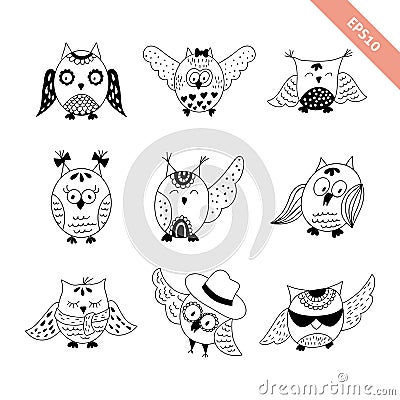 Hand drawn doodle owls set Vector Illustration