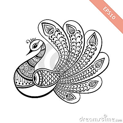 Hand drawn black line peacock mehendi style.Decoration in ethnic Indian style. Vector Illustration