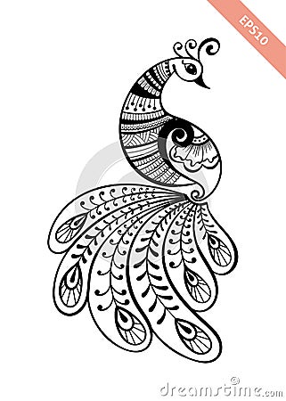 Hand drawn black line peacock mehendi style. Vector Illustration