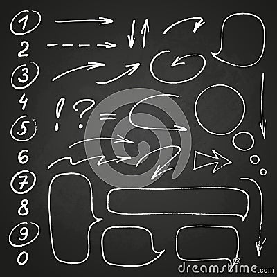 Hand drawn black marker set of numbers and punctuation, along with a few doodles: arrows, circles and other symbols Vector Illustration