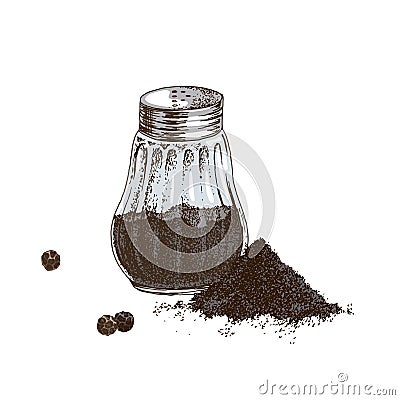 Hand drawn black pepper shaker and heap of ground pepper Vector Illustration