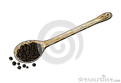 Hand drawn black peppercorn on measuring spoon Stock Photo