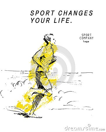 Hand drawn black stroked sketch of running human figure on white background. Stock Photo