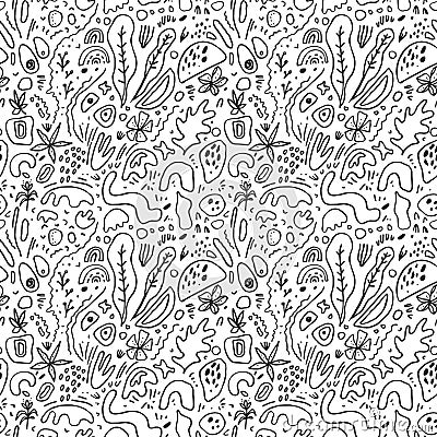 Vector hand drawn black and white artistic doodle seamless pattern. Fluid organic shapes. Black isolated artistic graphic elements Cartoon Illustration