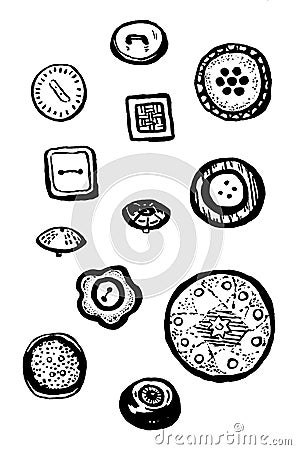 Hand drawn black and white ink illustration set of clothing buttons Cartoon Illustration