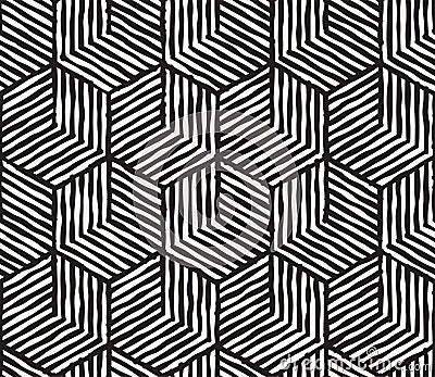 Hand drawn black and white ink striped seamless pattern. Vector grunge lattice texture. Monochrome brush strokes line Vector Illustration