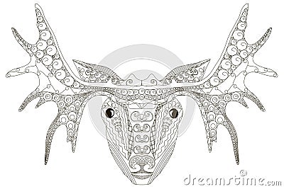 Hand drawn black and white ornamental elk head, anti Vector Illustration