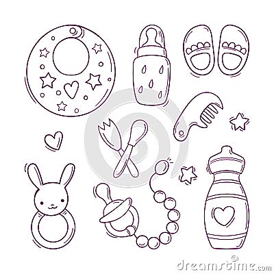 Hand drawn black and white set of toys and accessories for baby Vector Illustration