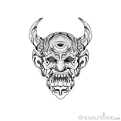 Hand drawn black and white tattoos artwork devil satan mask oni demon horn vector Illustration Vector Illustration
