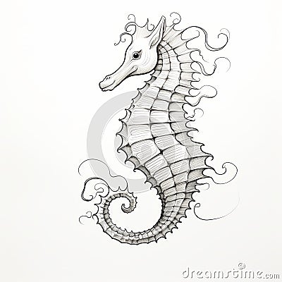 Contoured Shading Seahorse Tattoo On White Background Cartoon Illustration