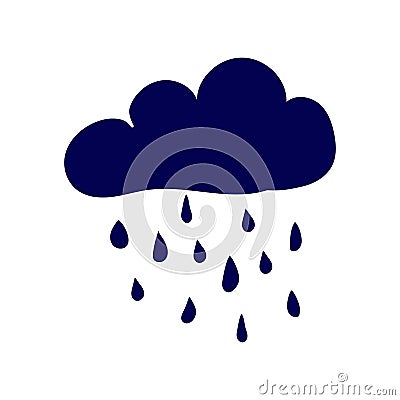 Hand drawn blue cloud with big rain. Vector Illustration