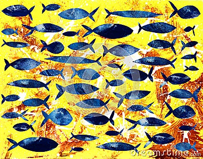 Hand drawn blue fishes on yellow background Stock Photo