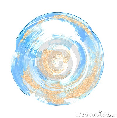 Hand drawn blue and golden brushstroke circle swash. Round paint swatch smear composition clipart Stock Photo