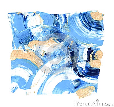 Hand drawn blue and golden brushstroke swash. Square premade composition of paint swatch smear isolated Stock Photo