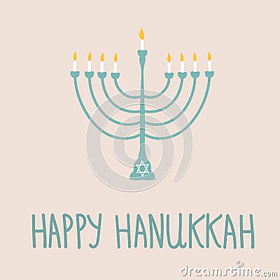 Hand Drawn Blue Menorah Candle Holder Silhouette Golden Flame Lights on Beige Background.White David Star.Happy Hanukkah Lettering Stock Photo