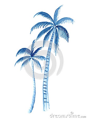 Hand drawn blue palm tree watercolor illustration, isolated nature on white background Cartoon Illustration