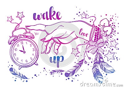 Hand drawn bohemian girls hand with amulets, magical alarm clock and feathers. Boho chic style, boho girl. High detailed vector. Vector Illustration