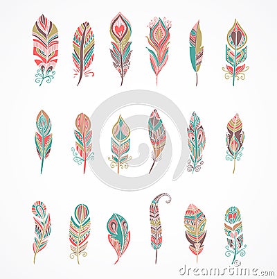 Hand drawn bohemian, tribal, ethnic feathers. Colorful set Vector Illustration