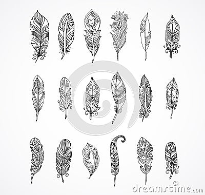 Hand drawn bohemian, tribal, ethnic set of feathers Vector Illustration