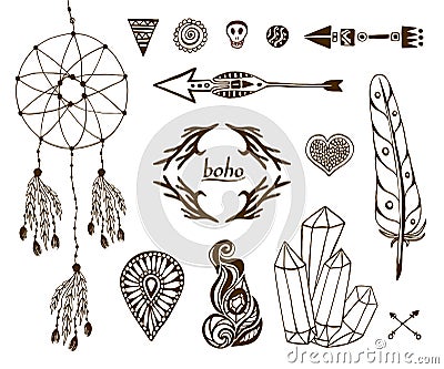 Hand-drawn boho collection with arrows, crystal, feather, dreamcatcher, ethnic elements for design. Vector Illustration