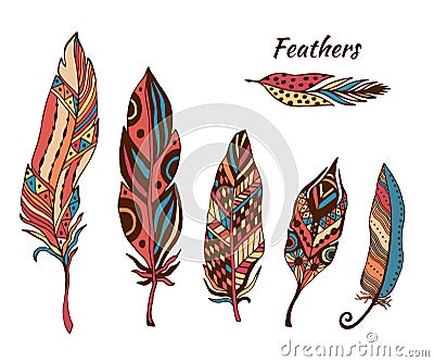 Hand drawn boho feathers vector collection. Set of doodle ethnic color feathers. Cute zentangle feather Vector Illustration